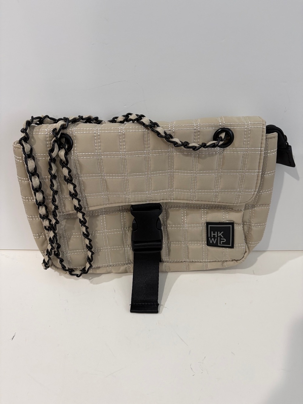 IHKWIP Quilted Convertible Chain Shoulder Bag in a neutral sand color
